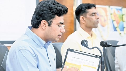 MP Tejasvi Surya speaks to the media in Bengaluru on Monday