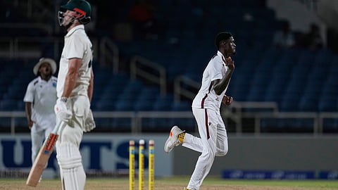 West Indies' Alzarri Joseph celebrates taking the wicket of Australia's Beau Webster on day two of the third Test cricket match at Sabina Park in Kingston, Jamaica, Sunday, July 13, 2025.