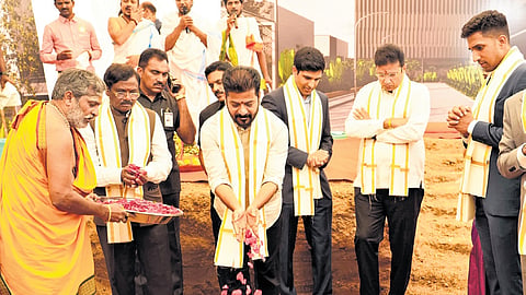 Chief Minister A Revanth Reddy lays the foundation stone for a new facility of ICHOR Biologics at Genome Valley in Shamirpet on Tuesday