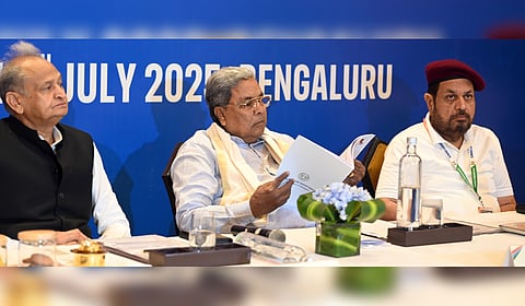 Chief Minister Siddaramaiah and former Rajasthan chief minister Ashok Gehlot at the AICC OBC Advisory Council meeting in Bengaluru on Wednesday.