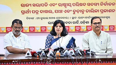 BJP MP Aparajita Sarangi addressing the media conference on Thursday