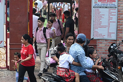 Students leave Queen global international School, Dilshad Garden after it received a bomb threat via email