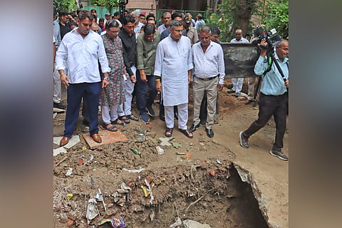 Water Minister Parvesh Sahib Singh inspects ageing pipeline in Gole Market residential area on Saturday.