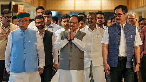 Union Ministers J.P. Nadda and Kiren Rijiju and Minister of State Arjun Ram Meghwal arrive to attend the all-party meeting ahead of the Monsoon session of Parliament, in New Delhi, Sunday, July 20, 2024.