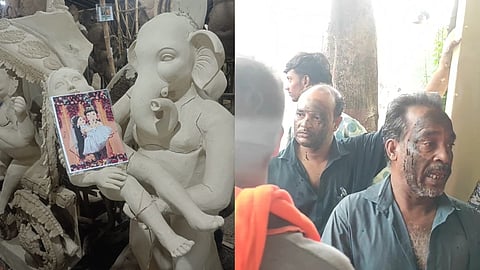 The controversial idol of Lord Ganesh and faces of the three idol makers blackened at the police station by Bajrang Dal workers .