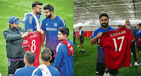 Ravinder Jadeja, Akash Deep, Jasprit Bumrah, Shubman Gill and Rishabh Pant at the Man United training centre.