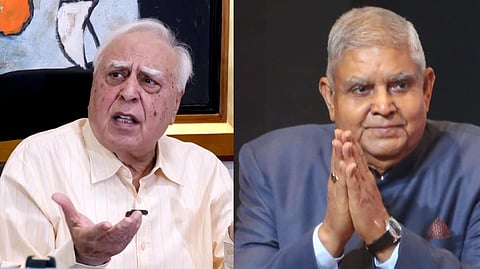 Rajya Sabha MP and senior lawyer Kapil Sibal (L), Vice President Jagdeep Dhankhar,(R)