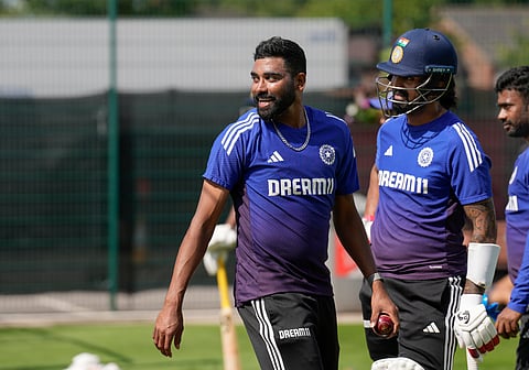 Mohammed Siraj and KL Rahul during a practice session on Monday