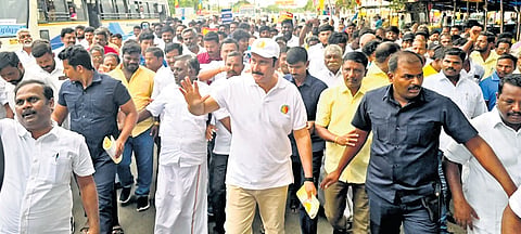 PMK leader Anbumani Ramadoss began his ‘padayatra’ from Chengalpattu on Saturday. Hundreds of party cadres participated in it