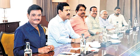 BJP leaders, including state party chief BY Vijayendra and LoP in Assembly R Ashoka, at a party meeting on Saturday.