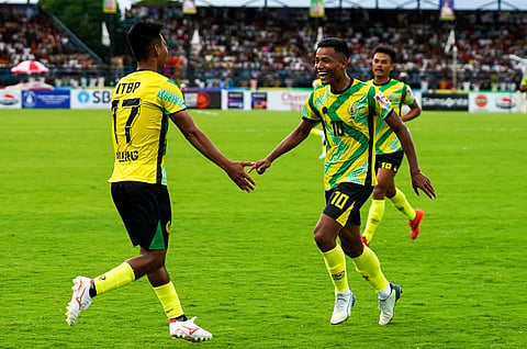 ITBP team celebrates a goal against Karbi Anglong team