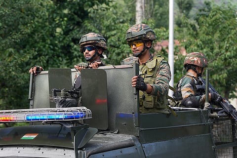 Security personnel during a cordon and search operation, near Dachigam in Srinagar district, Jammu and Kashmir, Monday, July 28, 2025. At least three terrorists were killed in an encounter in a forest area on the outskirts of Srinagar.