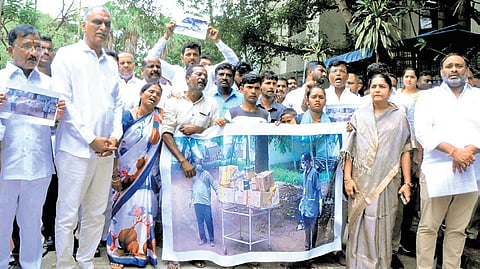BRS leader T Harish Rao, along with the kin of Sigachi blast victims, stages a demonstration at the collectorate, demanding `1 crore ex gratia for the victims