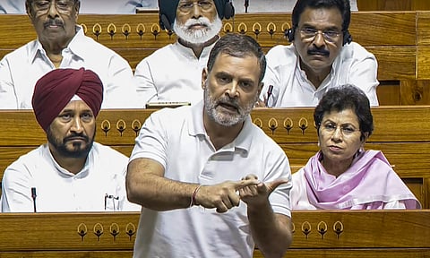 Leader of Opposition in the Lok Sabha Rahul Gandhi speaks during a debate in the House on the Pahalgam terror attack and Operation Sindoor, at the Monsoon session of Parliament, in New Delhi, Tuesday, July 29, 2025.