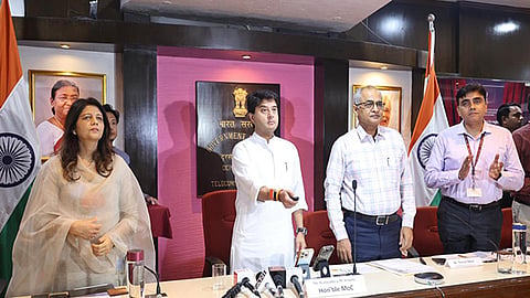 Union Minister Jyotiraditya Scindia during the Sanchar Saathi stakeholders' meet. After backlash, the minister has held firm that snooping is not possible through the app.