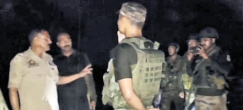 Security personnel carry out ops near Ujh river in J&K’s Kathua on Tuesday.