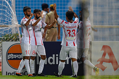 Namdhari players celebrate a goal on Wednesday