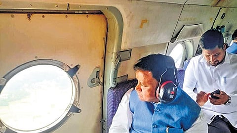 Chief Minister Mohan Charan Majhi conducts an aerial survey of the flood situation in northern districts of Odisha on Wednesday.