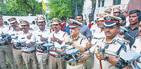 DGP Harish Kumar Gupta, NTR CP SV Rajashekar Babu and other police officers
with drones in Vijayawada on Wednesday.