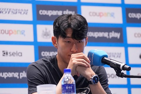 Tottenham Hotspur's Son Heung-min reacts during a press conference ahead of a preseason soccer match between Tottenham Hotspur and Newcastle United in Seoul, South Korea, Saturday, Aug. 2, 2025.