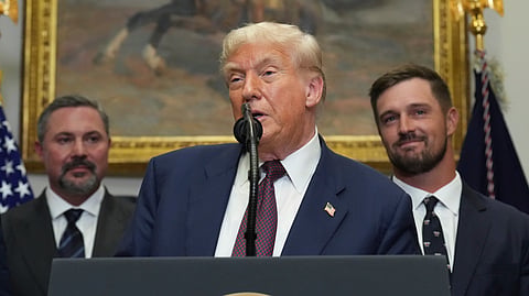 US President Donald Trump speaks during an event in the Roosevelt Room of the White House in Washington, Thursday, July 31, 2025.