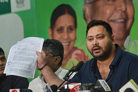 Leader of Opposition in the Bihar Assembly and RJD leader Tejashwi Yadav addresses a press conference, in Patna, Saturday, Aug. 2, 2025.