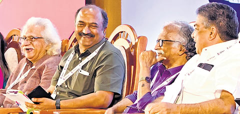 Filmmaker Adoor Gopalakrishnan, Finance Minister K N Balagopal, lyricist-director Sreekumaran Thampi and Cultural Affairs Minister Saji Cherian during the valedictory of Kerala Film Policy Conclave in Thiruvananthapuram