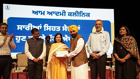 Punjab Chief Minister Bhagwant Singh Mann at the inauguration of a WhatsApp Chatbot for 881 Aam Aadmi Clinics.
