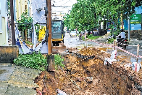 A stormwater drain under construction on road no 1 at
Jagannath Nagar in Bhubaneswar