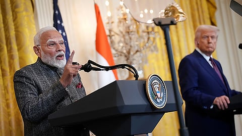 Prime Minister Narendra Modi and US President Donald Trump as they deliver a joint press statement after their meeting at the White House, in Washington, DC.