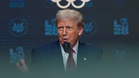 US President Donald Trump answers questions from reporters in the South Court Auditorium of the Eisenhower Executive Office Building on the White House campus on Tuesday, Aug. 5, 2025, in Washington.