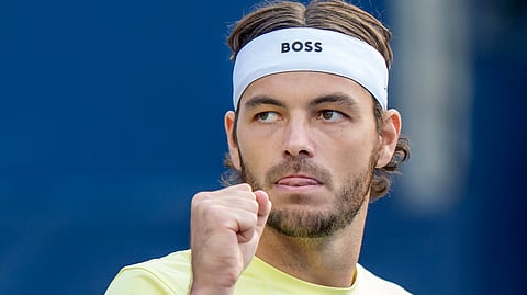 Taylor Fritz of the USA pumps his fist after breaking Andrey Rublev of Russia during their quarterfinal match at the National Bank Open in Toronto, Tuesday, Aug. 5, 2025.