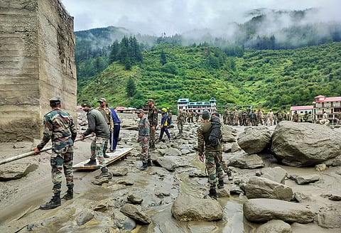 Search and rescue operation underway following flash floods triggered by a cloudburst, at Dharali, in Uttarkashi.