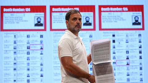 Congress leader Rahul Gandhi addresses a press conference at AICC HQ in New Delhi on August 07, 2025.