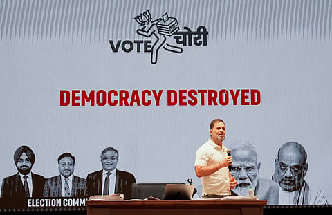 LoP in the Lok Sabha and Congress MP Rahul Gandhi addresses a press conference, at AICC HQ, in New Delhi, Thursday, Aug. 7, 2025.
