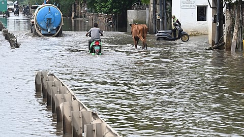 A waterlogged stretch on the Jaipur highway, at Narsinghpur in Gurgaon on Thursday.