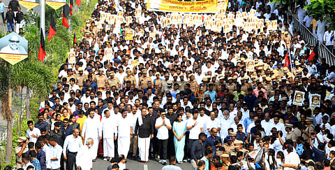 CM MK Stalin, Deputy CM Udhyanidhi stalin, DMk MP Kanimozhi along with DMk party cadres go on a silent rally at Walajah salai in commemorating the death anniversary of DMk leader and ex chief minister Karunanidhi on Thursday.