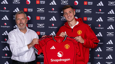 Slovenia forward Benjamin Sesko (R) poses with Manchester United's director of football, Jason Wilcox, at the club's Carrington training center after completing his transfer from RB Leipzig, Saturday, Aug. 9, 2025.