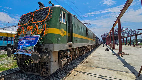 The first loaded freight train arrives at Anantnag railway station, J&K, Saturday, Aug. 9, 2025.