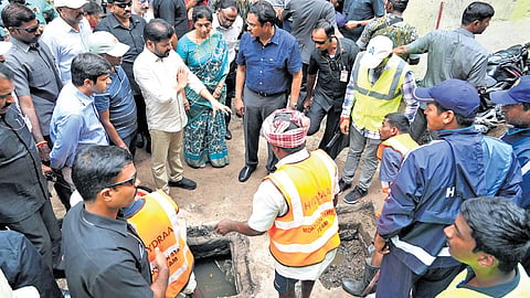 Chief Minister A Revanth Reddy interacts with HYDRAA Commissioner AV Ranganath during his visit to Ameerpet in Hyderabad on Sunday