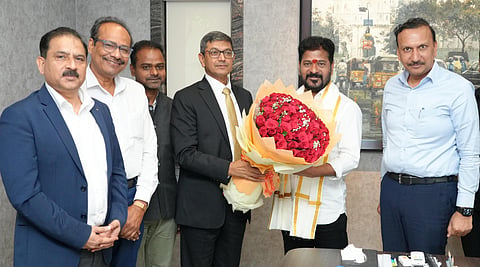 Chief Minister A Revanth Reddy holds a meeting with NTPC CMD Gurdeep Singh and his team at his residence in Hyderabad on Saturday