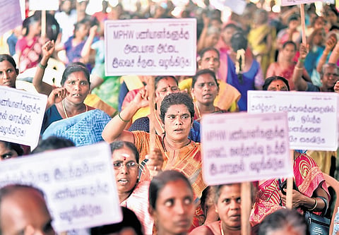 Over 800 PHC sanitary workers staging a day-long hunger strike near Radhakrishnan Stadium at Egmore in Chennai on Sunday, demanding a salary hike of Rs 5000