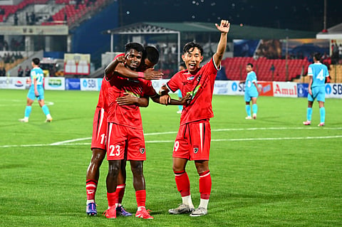 Northeast United players celebrate a goal on Monday