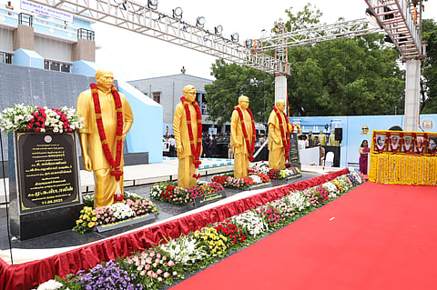 Tamil Nadu Chief Minister M.K. Stalin unveiled statues of Kamaraj, V.K. Palanisamy Gounder, C. Subramaniam, and N. Mahalingam, key leaders behind the Parambikulam-Aliyar Dam (PAP) project, at the PAP office campus in Pollachi on Monday