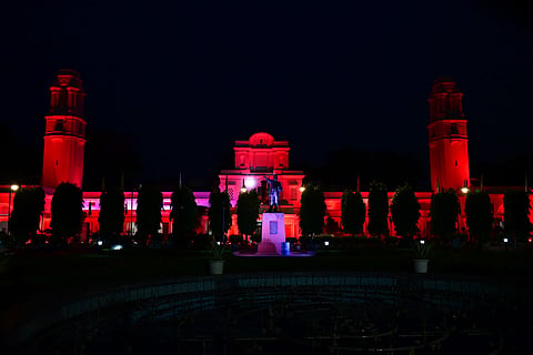 An illuminated view of the Delhi Legislative Assembly in New Delhi.
