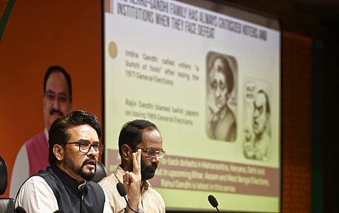 BJP MP Anurag Thakur addresses a press conference at the party headquarters, in New Delhi, Wednesday.