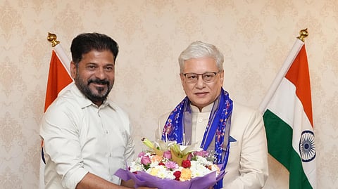 Chief Minister A Revanth Reddy, along with Governor Jishnu Dev Varma, attends the ``At Home function on the occasion of Independence Day at Raj Bhavan in Hyderabad on Friday.