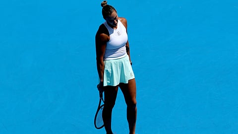 Aryna Sabalenka reacts while playing Elena Rybakina of Kazakhstan during the Cincinnati Open at Lindner Family Tennis Center on August 14, 2025 in Mason, Ohio.