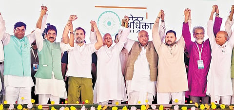 Cong chief Mallikarjun Kharge, Rahul Gandhi, RJD supremo Lalu Prasad, Tejashwi Yadav, CPI(M-L)’s Dipankar Bhattacharya, and others during ‘Voter Adhikar Yatra’.