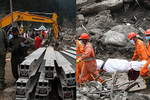 (L) : Restoration work underway at Chisoti village after a flash flood triggered by cloudburst, in Kishtwa (R) Search and rescue operation underway at Chisoti village after a flash flood triggered by cloudburst, in Kishtwar, Sunday, Aug. 17, 2025